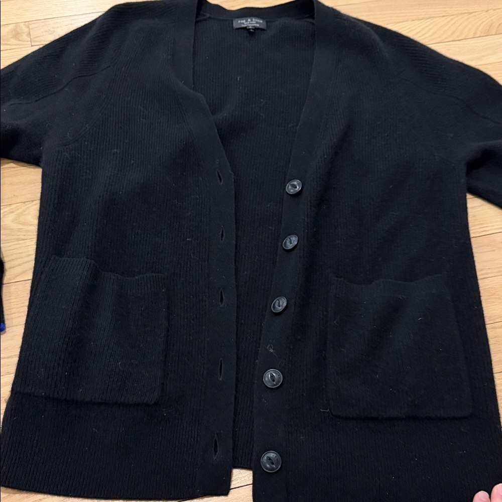 Rag & Bone Classic Black Cashmere cardigan blue tipped cuff Sweater